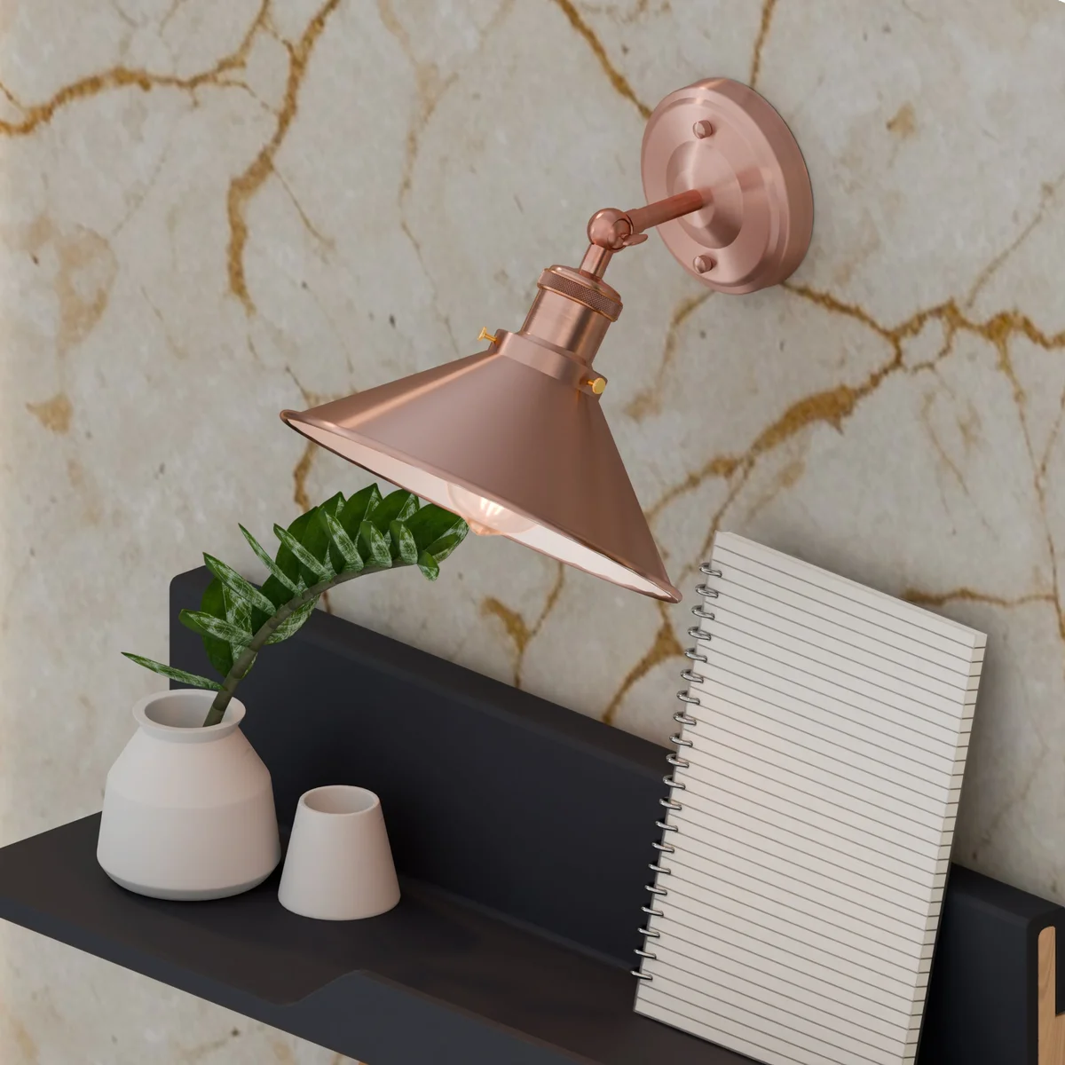 Black metal adjustable wall light with vintage arm and E27 bulb holder mounted on white wall background