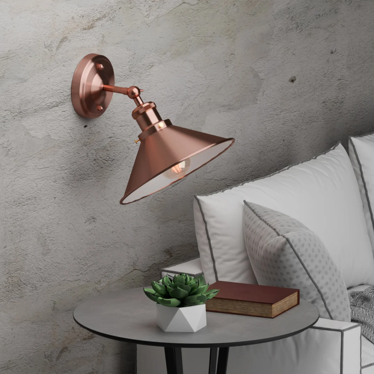 Black metal adjustable wall light with vintage arm and E27 bulb holder mounted on white wall background