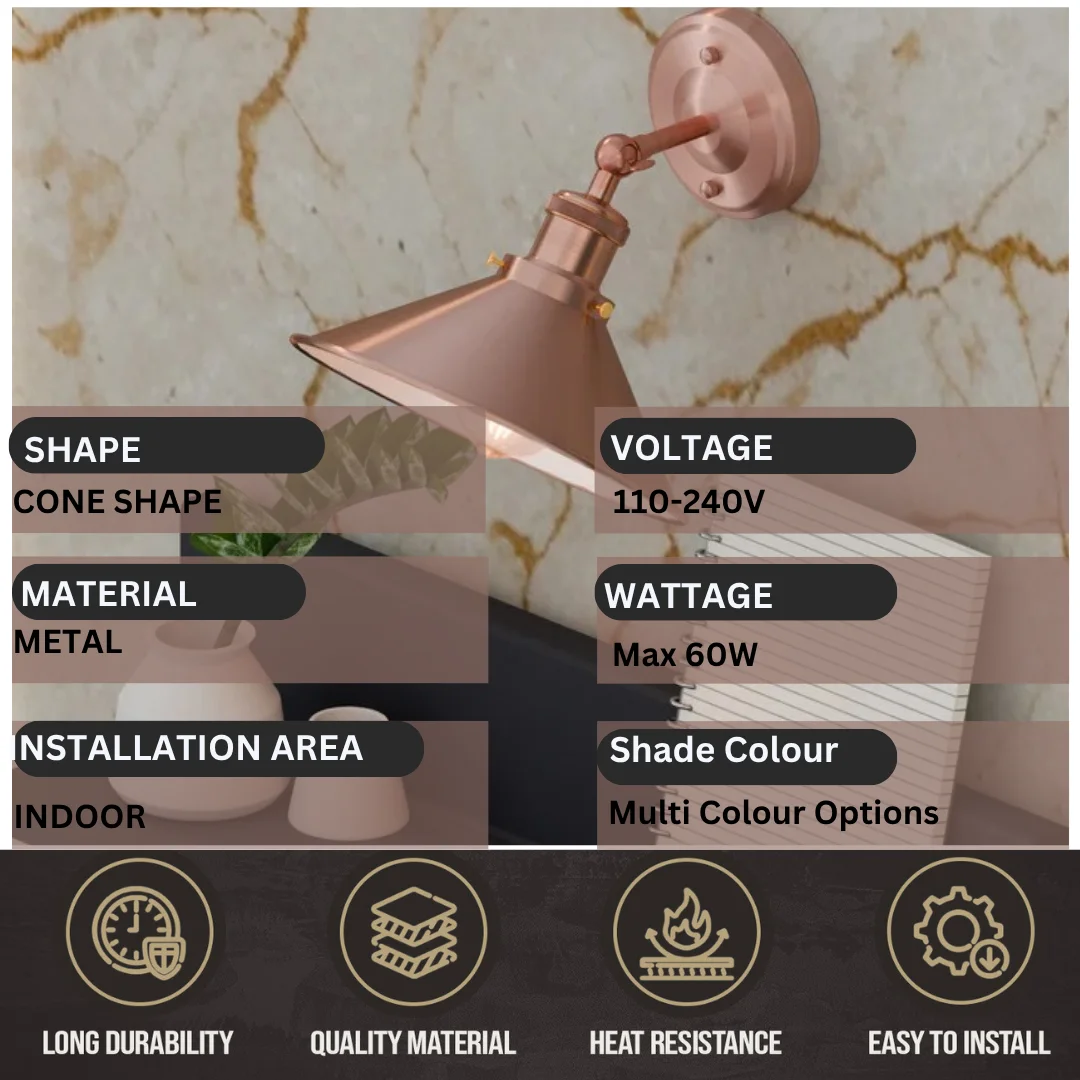 Retro industrial wall lamp with adjustable metal arm and painted finish mounted on a wall in a rustic interior setting