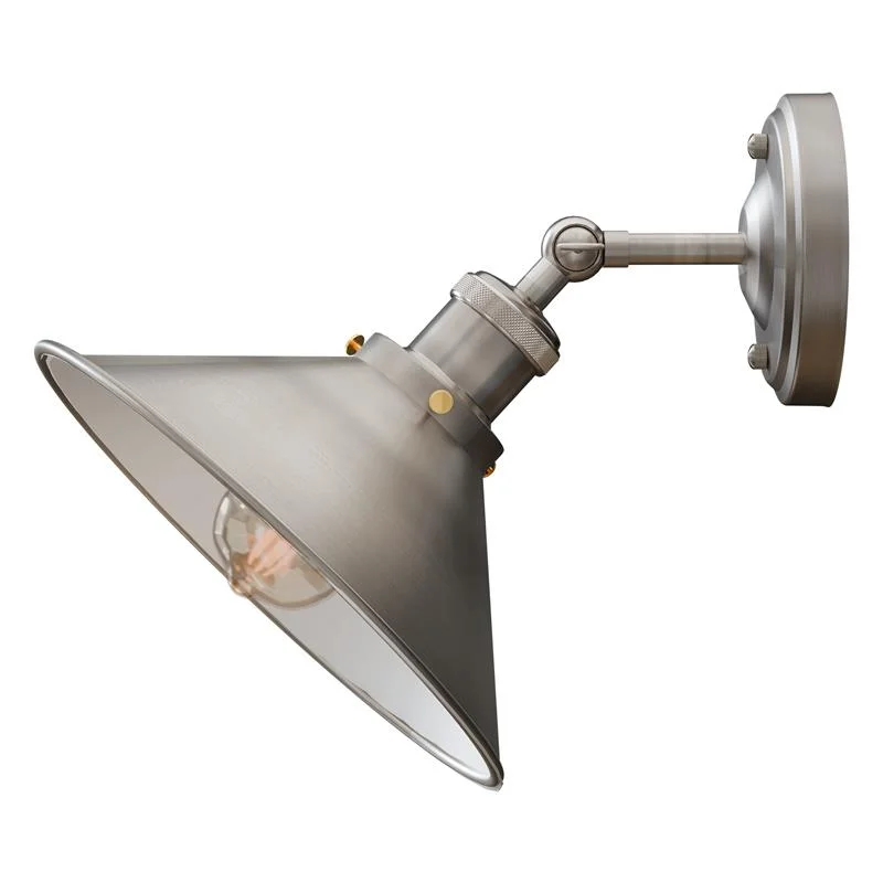 Adjustable industrial metal wall light with painted finish, metal shade, and E27 bulb base mounted on wall bracket