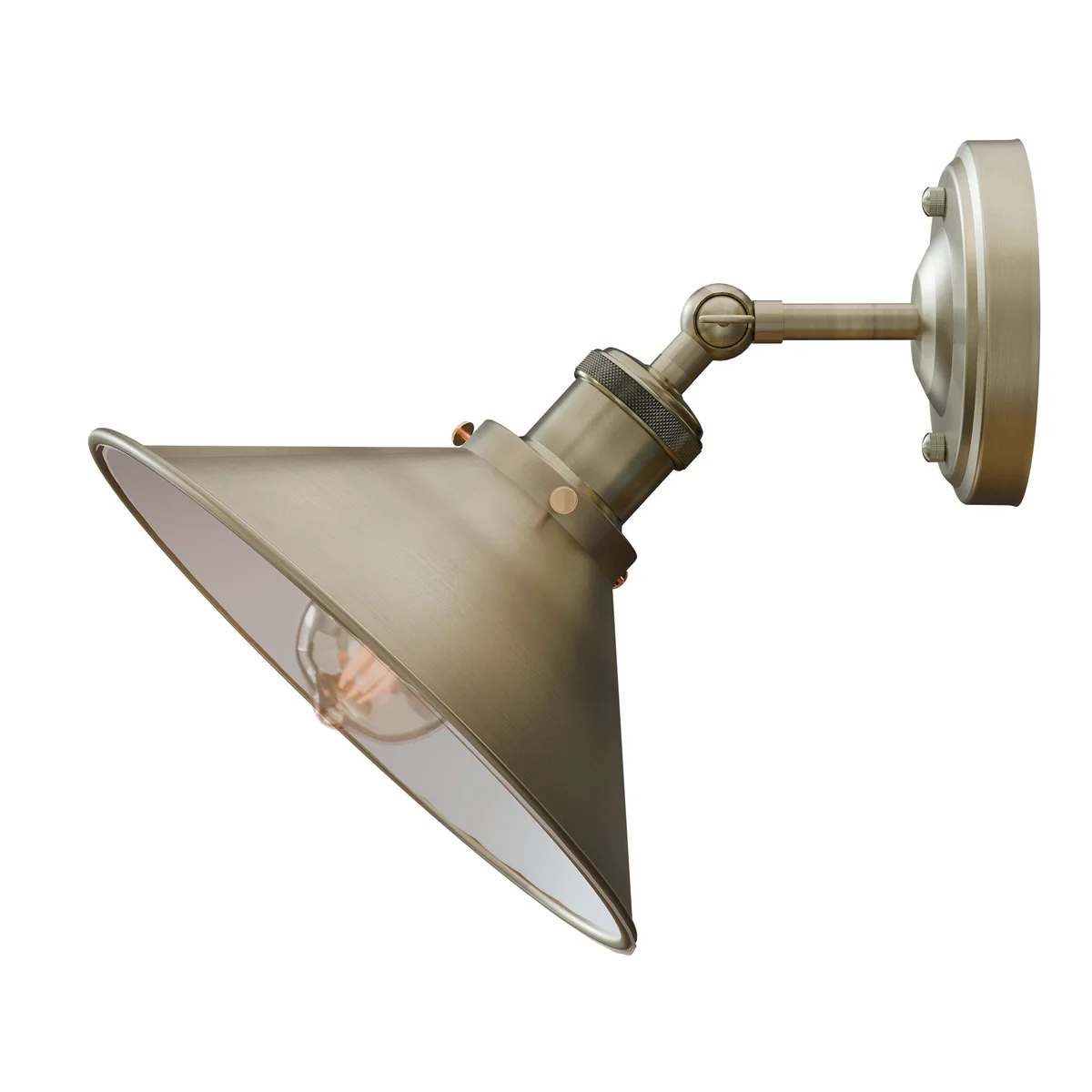 Adjustable industrial metal wall light with painted finish and E27 bulb holder mounted on a white wall background