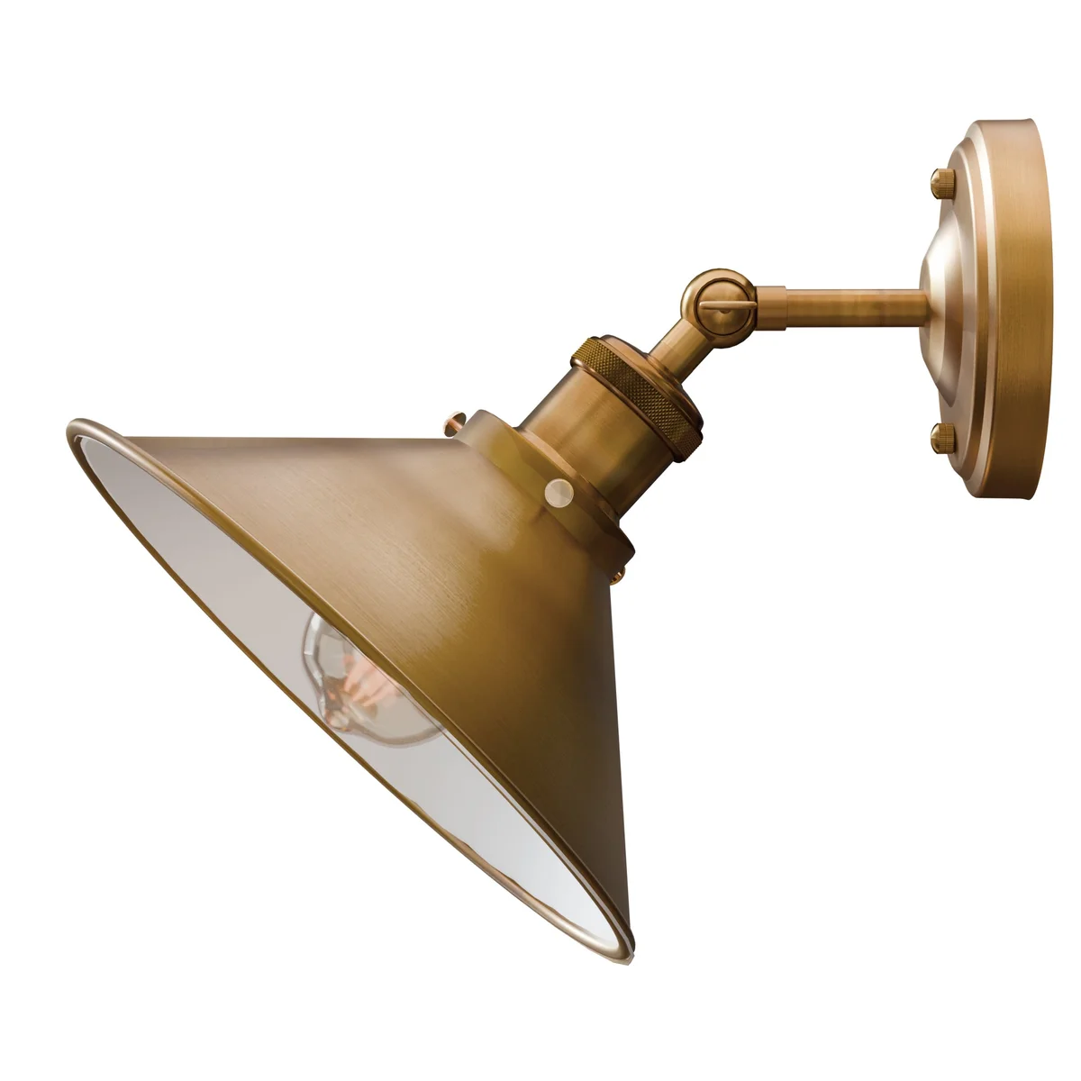 Industrial metal wall light with adjustable arm and painted finish mounted on a white wall, vintage sconce lamp style