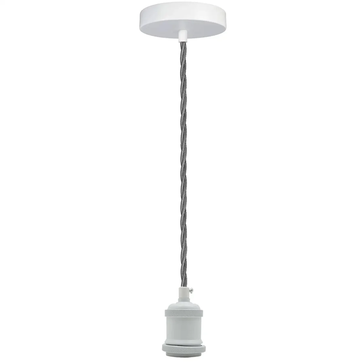 Black and white twisted fabric cable with white E27 pendant light holder and matching ceiling rose on a white background