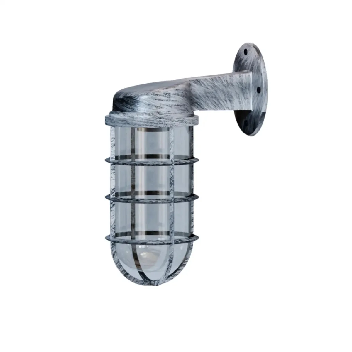 Retro bulkhead lamp with metal cage and frosted glass cover, wall mounted, industrial vintage design, E27 bulb holder visible