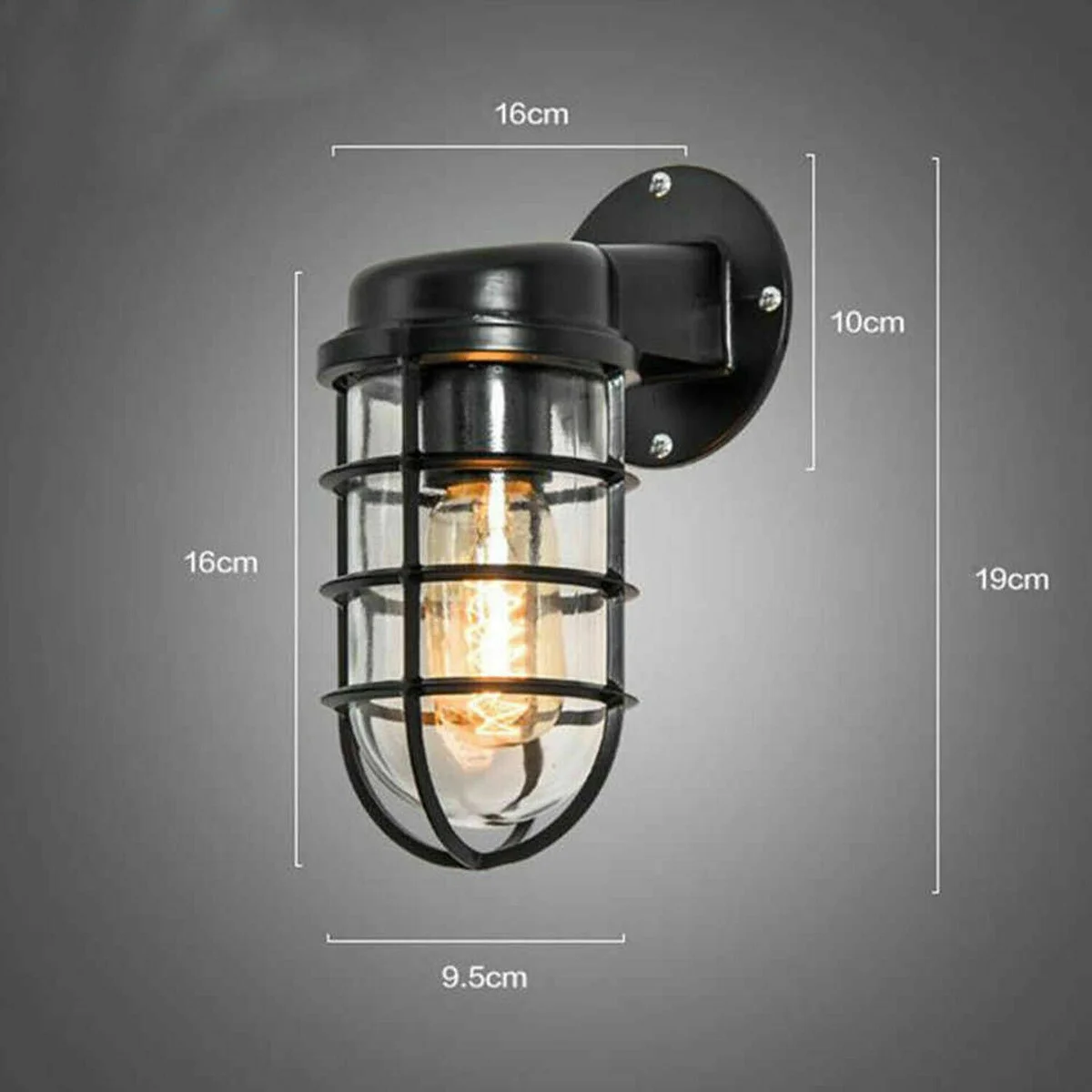 Vintage industrial dimmable bulkhead light with metal cage and frosted glass, wall mounted with E27 bulb holder