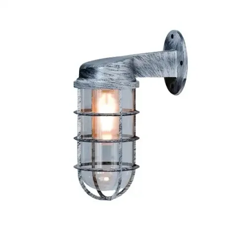 Vintage industrial metal cage E27 bulb wall lamp with frosted glass cover and retro bulkhead design mounted on wall