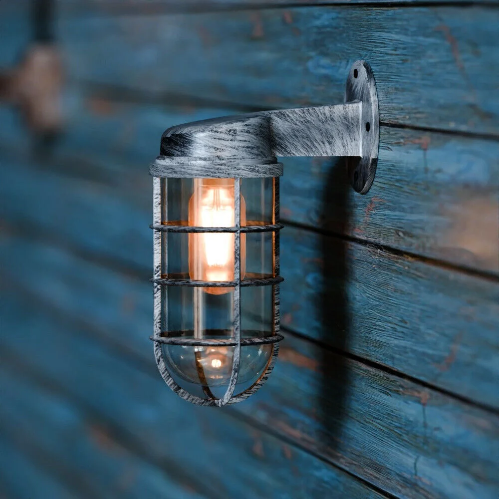 Vintage industrial metal cage easy fit wall light with frosted glass shade, retro bulkhead lamp design, 19 cm height