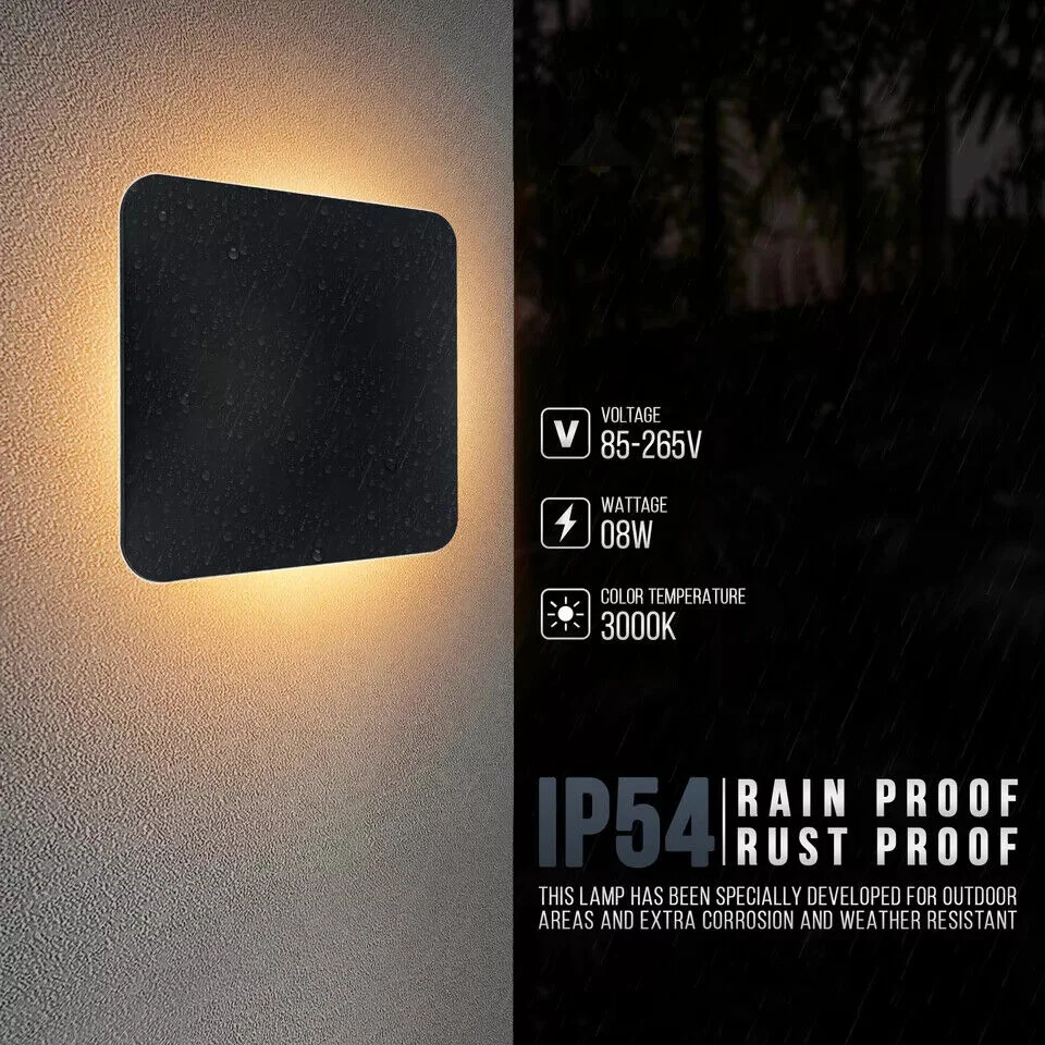 Black square modern waterproof outdoor wall lamp with warm white LED light mounted on exterior wall