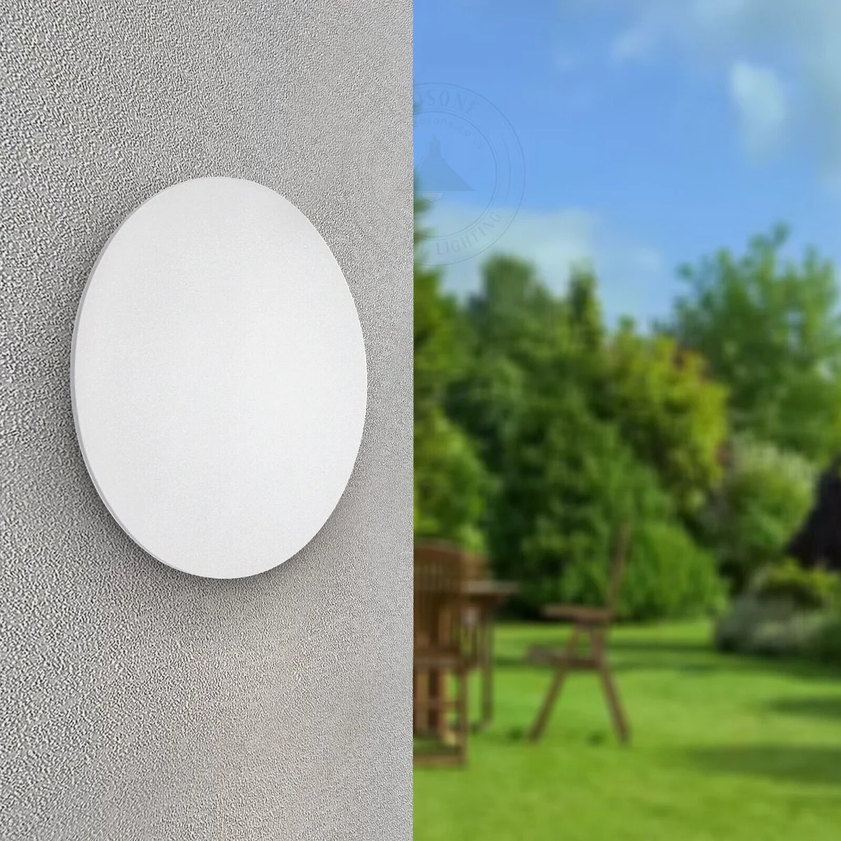 Modern LED wall light with round matt white aluminium design, suitable for indoor and outdoor use, emitting warm white light