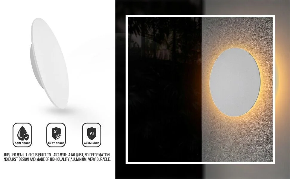 Modern round warm white LED lamp wall light in matt white, suitable for indoor and outdoor use, 22cm wide, 7.3cm high