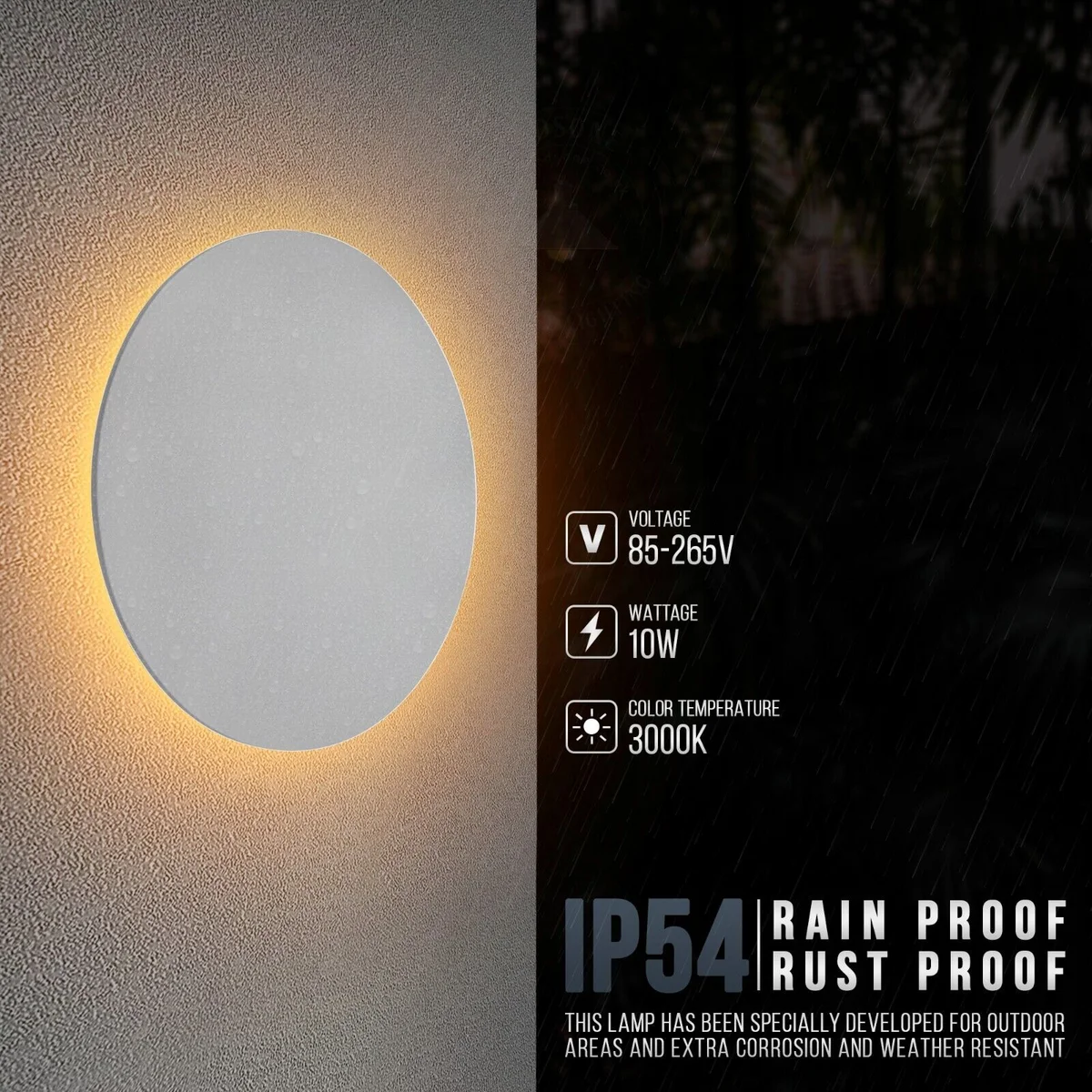 Modern LED wall light in matte white, round shape, mounted on wall, emitting warm white light for indoor/outdoor use