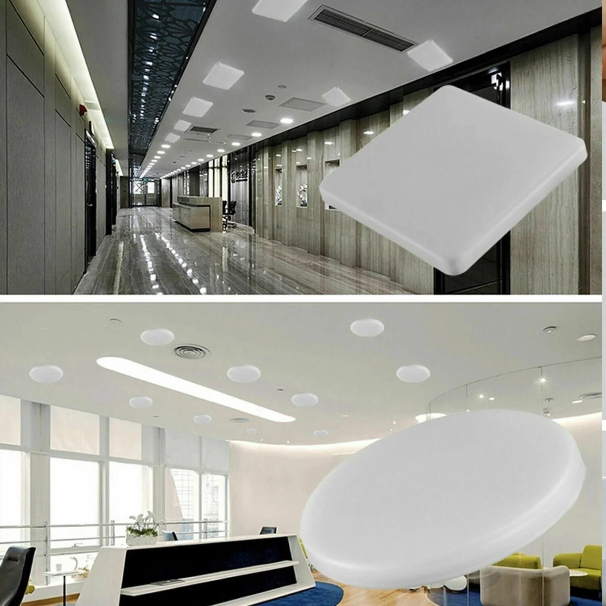 Square ultra-thin modern LED ceiling light flush mounted on a white ceiling, showing slim profile and clean design