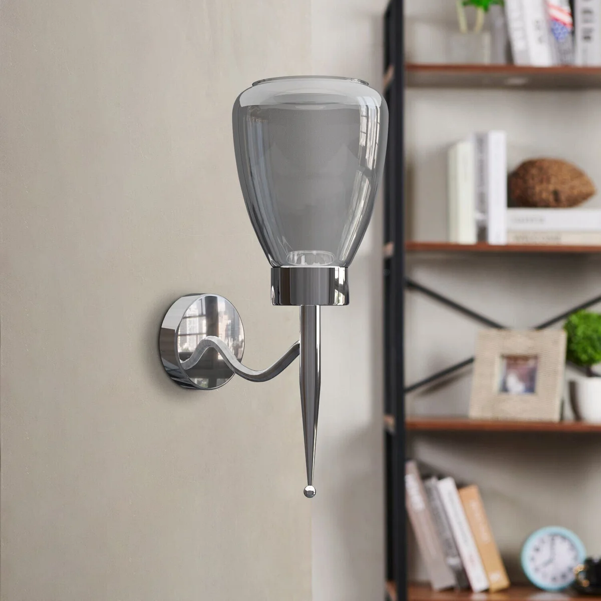 Modern chrome wall sconce with smoked glass flower petal shade mounted on white wall, 18cm height, dimmable lighting fixture