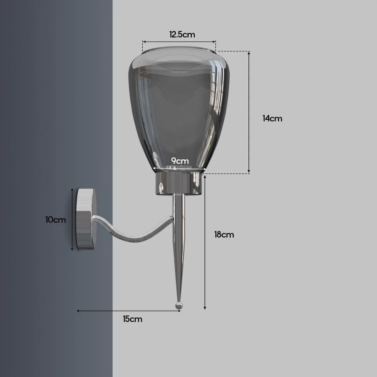 Modern dimmable wall lamp with smoked glass flower petal shade and chrome plate, ideal for indoor accent lighting