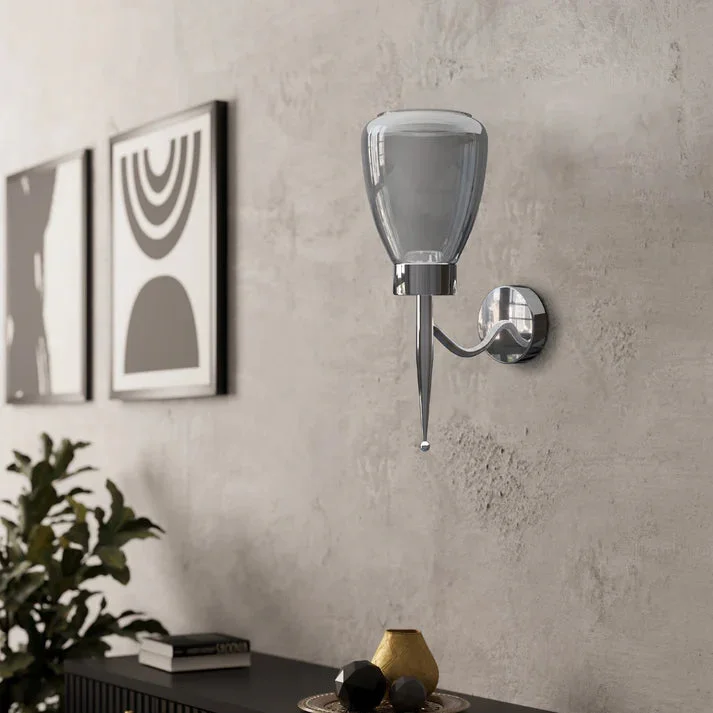 Modern smoked glass and chrome wall sconce providing indoor accent lighting with dimmable feature, 18cm height, flower petal shade