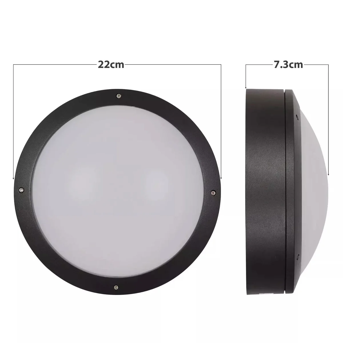 Round modern flush mount warm white LED ceiling light with black aluminium frame and acrylic diffuser, IP54 waterproof rating