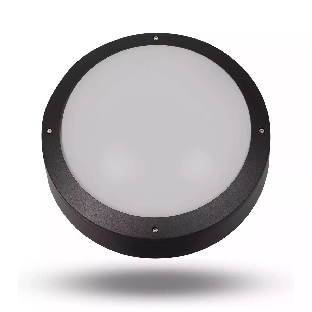 Modern flush mount light with round white acrylic diffuser and aluminium shell, designed for indoor and outdoor use