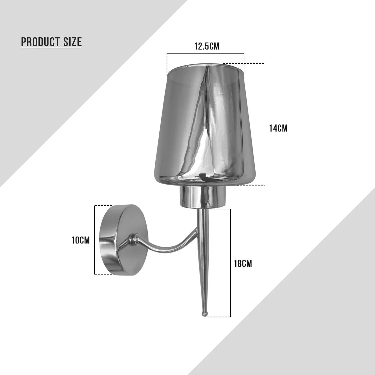 Modern indoor wall light with smoked glass shade and chrome plate, dimmable, suitable for LED E27 bulbs, 18cm height.