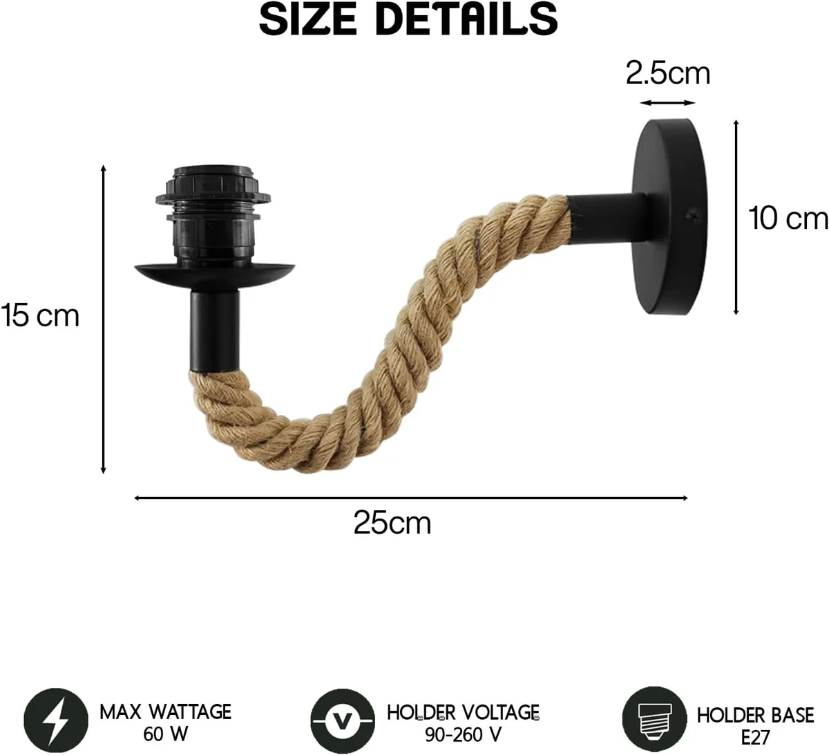 Vintage wall lamp with black E27 socket and hand-woven hemp rope, designed for indoor retro lighting and decor
