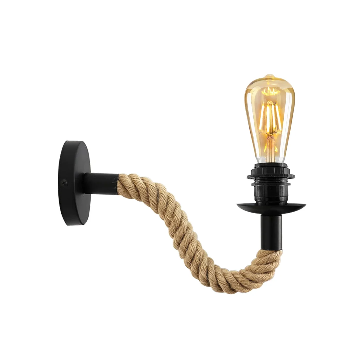 Vintage hemp rope wall lamp with black metal E27 socket, showcasing retro indoor lighting in a stylish industrial design