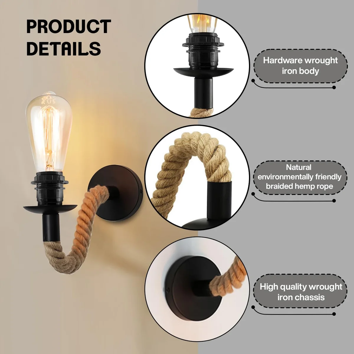 Vintage hardwired wall light with hand-woven hemp rope and black metal E27 socket, ideal for indoor retro decor