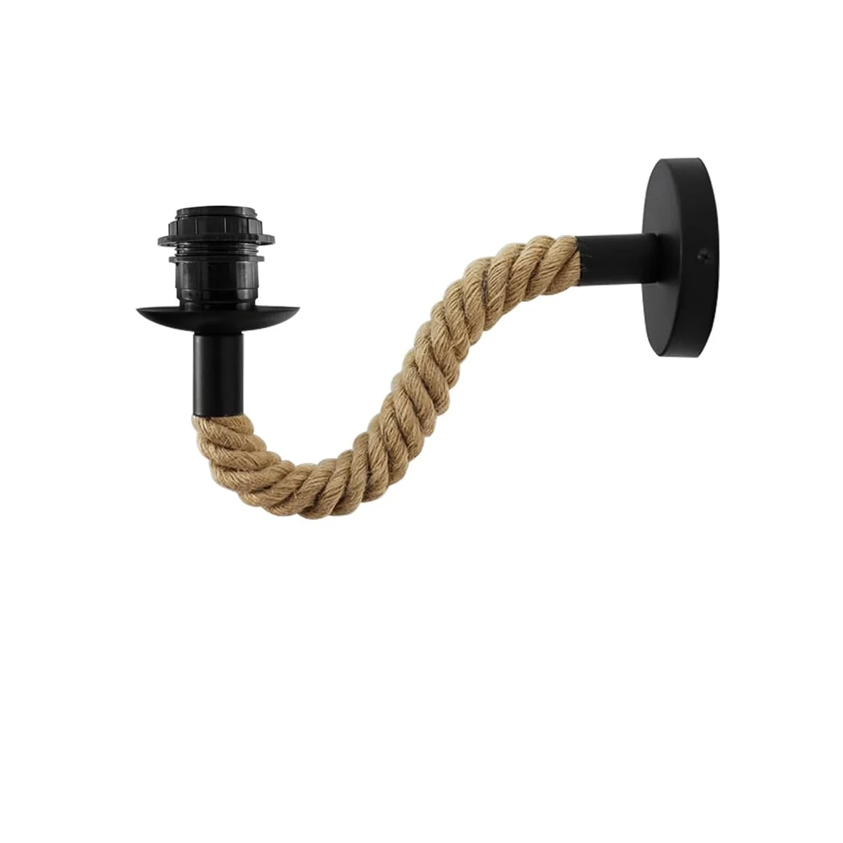 Vintage industrial hemp lamp with hand-woven rope and black metal E27 socket mounted on a white wall indoors