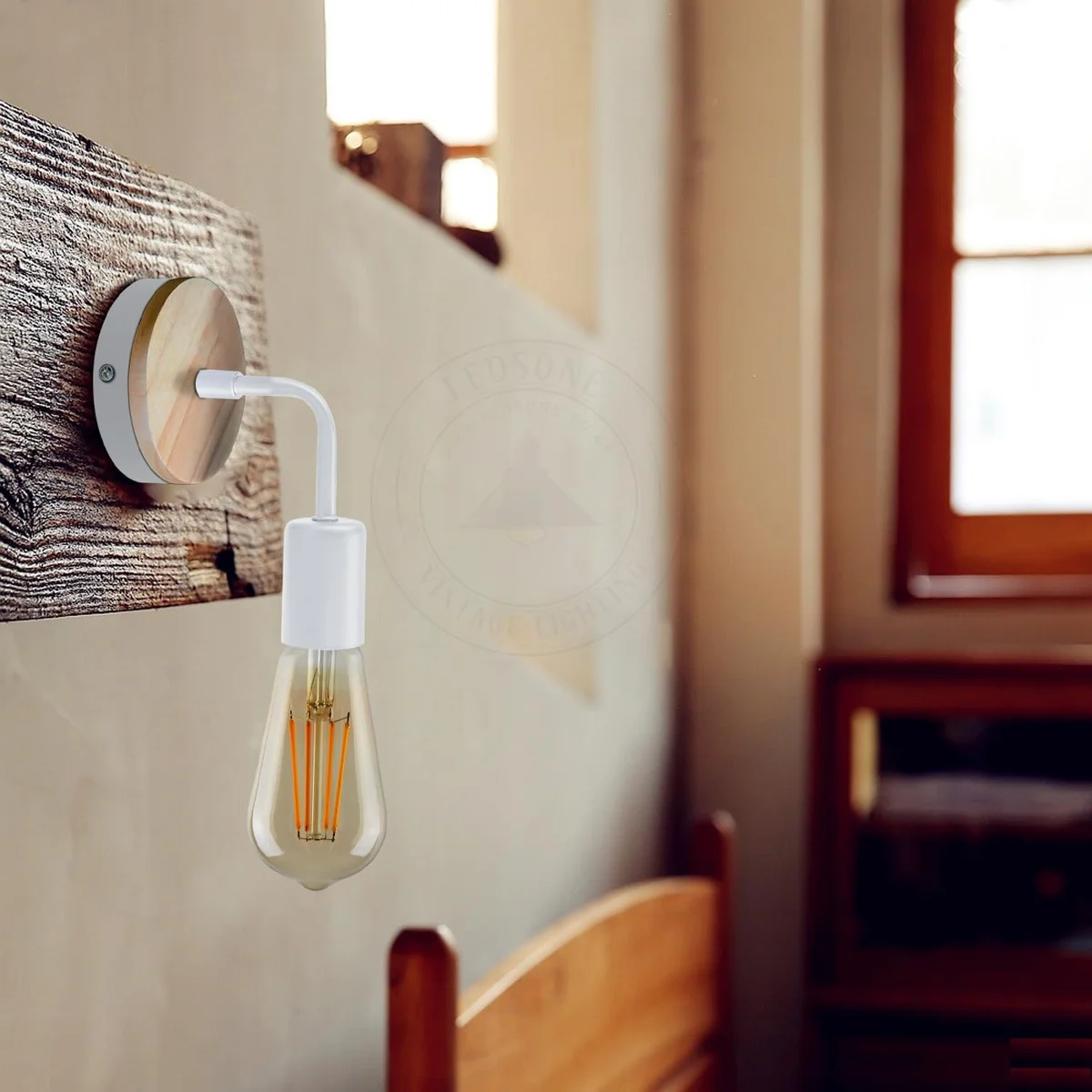 Wood and metal E27 wall lamp with rustic white finish, industrial design, and wooden backplate mounted on wall