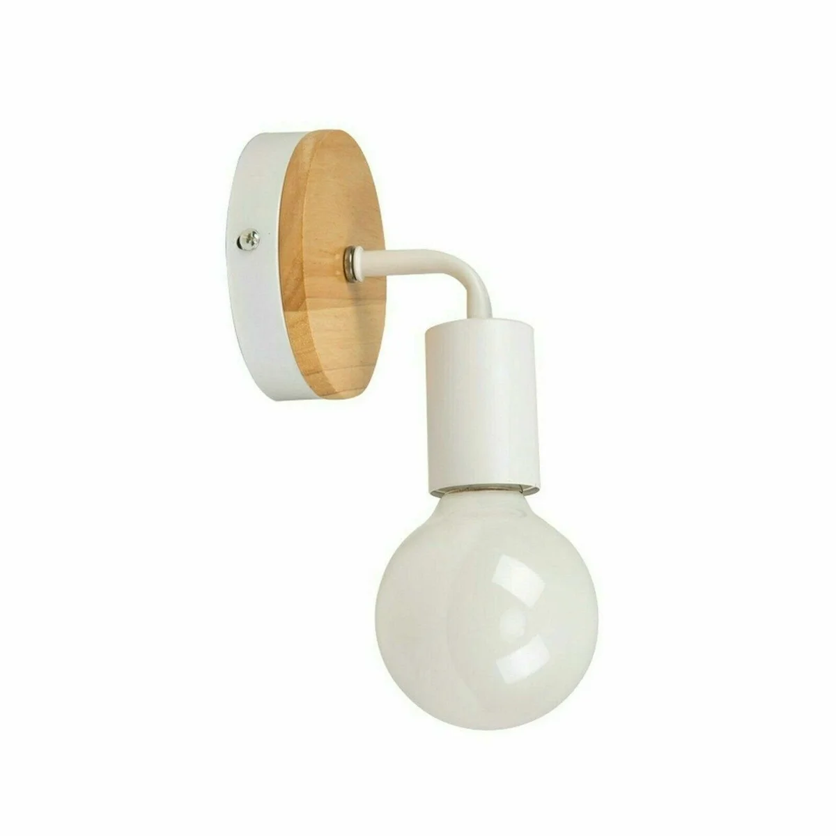 Wood and metal sconce wall lamp with white wood panel and black metal bracket, E27 bulb holder, modern rustic design