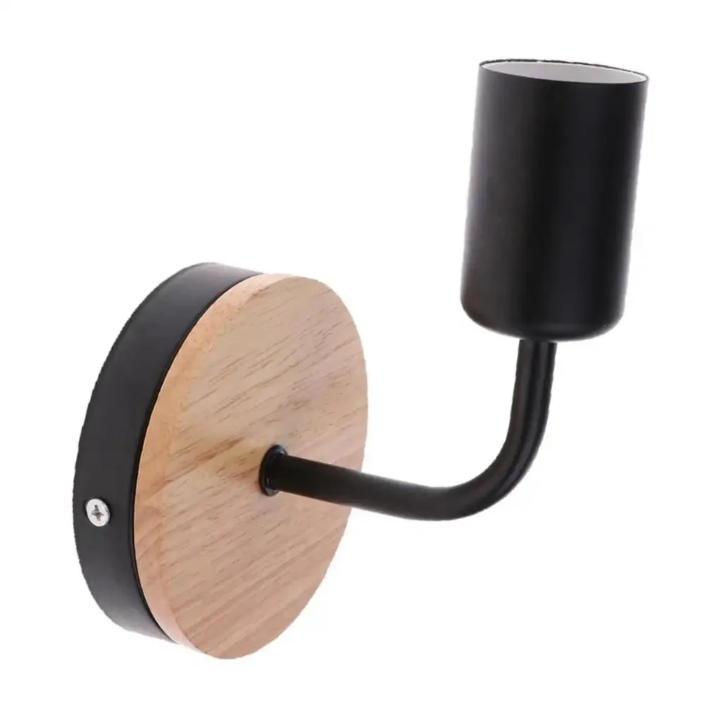 Wood metal wall sconce with white wooden backplate and black metal arm, E27 bulb holder, mounted on a white wall