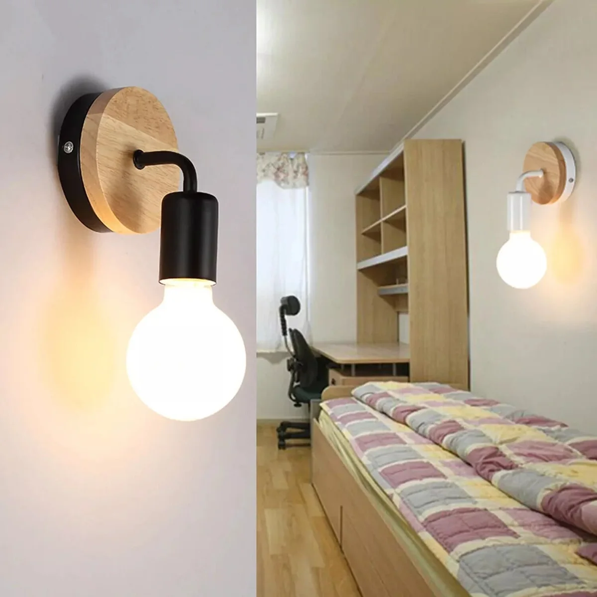 Wood metal wall sconce with white wood panel and black metal bracket, designed for E27 bulb holder, mounted on wall