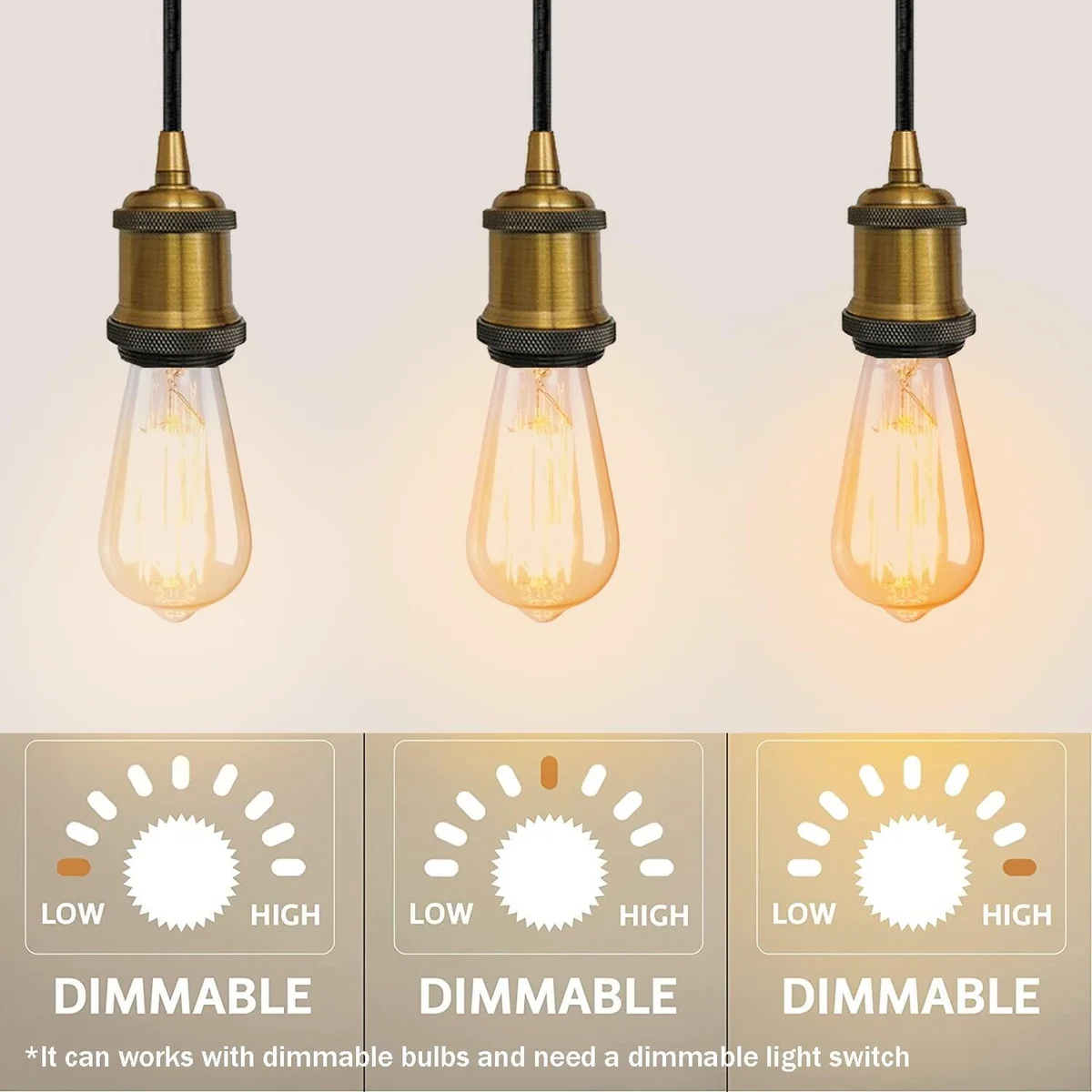 Vintage style yellow brass dimmable pendant light holder with ceiling rose and 95cm wire for E27 bulb fitting