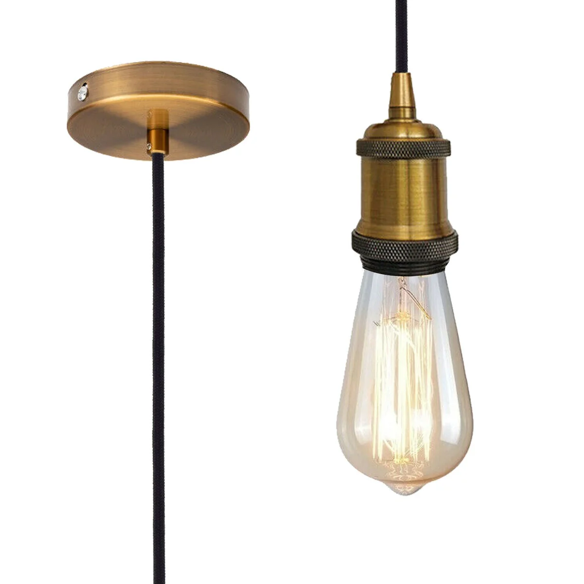 Yellow brass retro ceiling lamp pendant holder with 95cm wire and vintage-style ceiling rose fitting