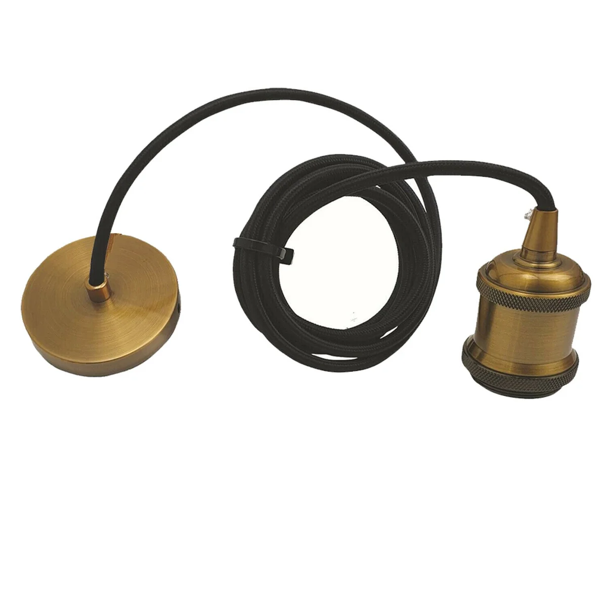 Yellow brass vintage pendant light fitting with metal ceiling rose and E27 bulb holder, 95cm wire length, dimmable option