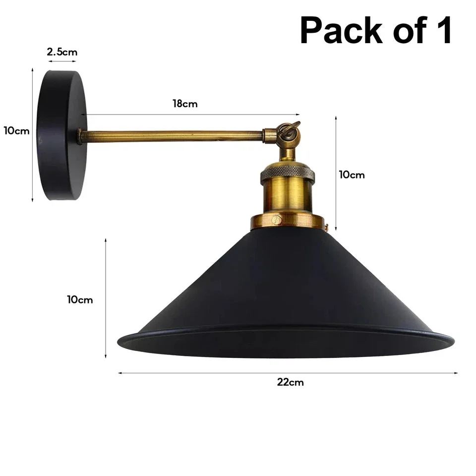 Black metal adjustable wall light with cone-shaped shade mounted on a wall, featuring industrial vintage design details