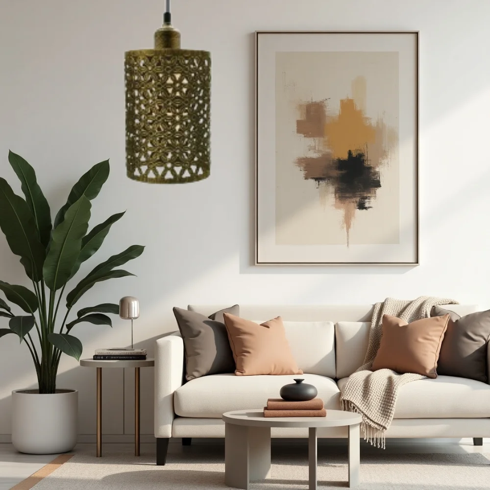 Modern pendant light with brushed silver geometric metal shade, E27 bulb holder, and 95cm PVC cable hanging from ceiling plate