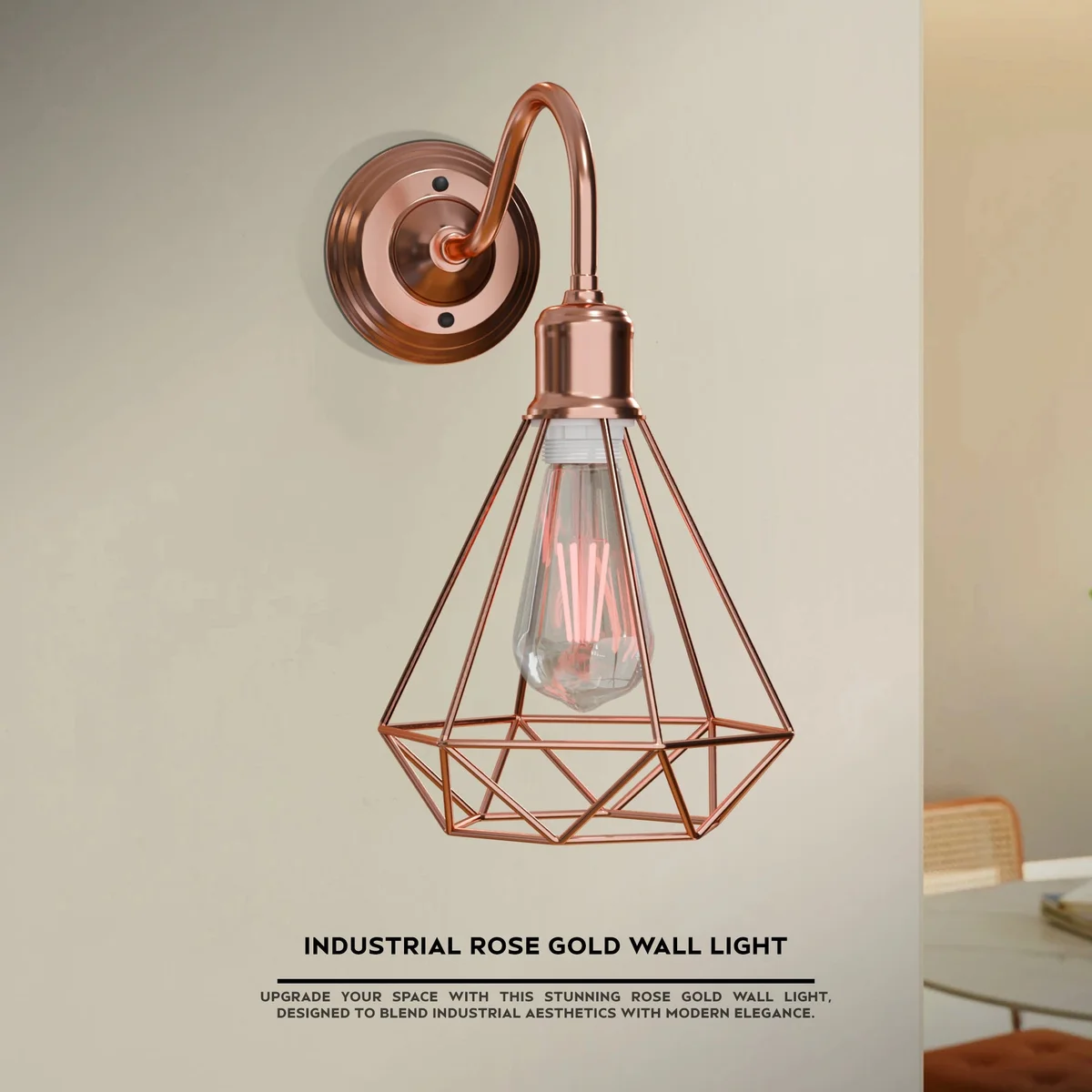 Vintage wall sconce with metal wire cage and swan neck design, suitable for indoor wall mounting with E27 bulb.