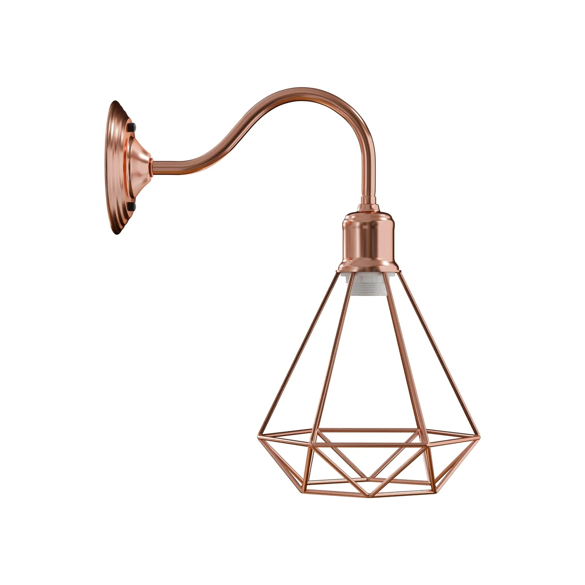 Vintage metal wire cage wall sconce with swan neck design and E27 bulb wall light mounted on white wall