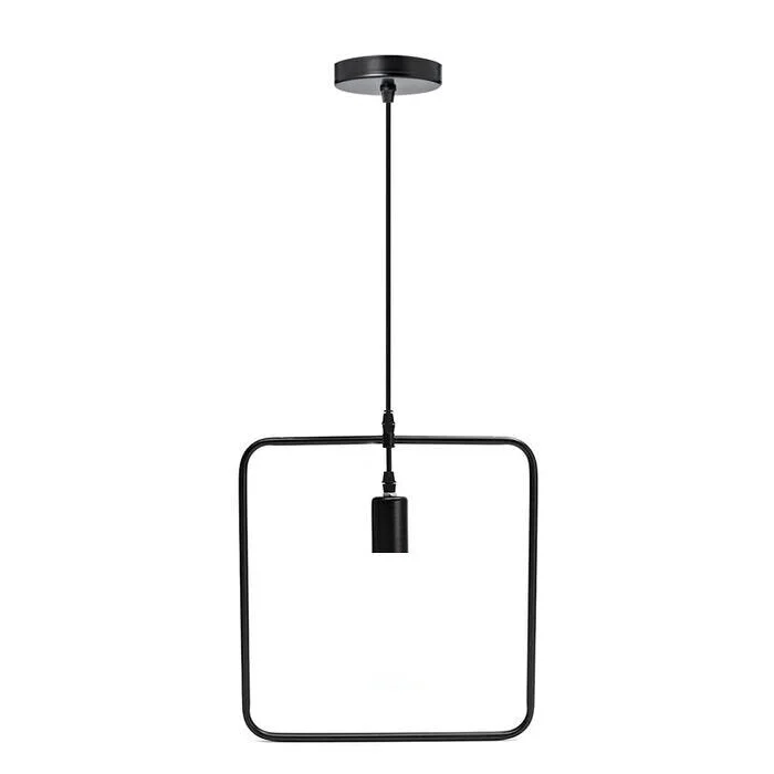 Black metal round, square, and triangle light cage pendant lamps hanging with ceiling rose and E27 holder visible