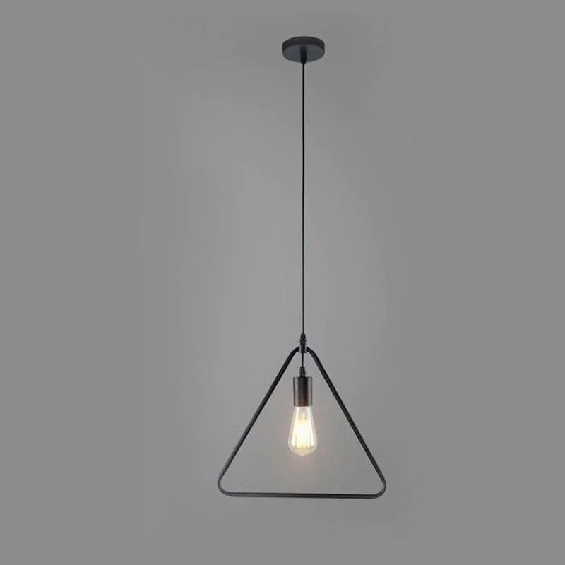 Black industrial pendant light with metal wire cage in triangle shape hanging from ceiling rose and cable