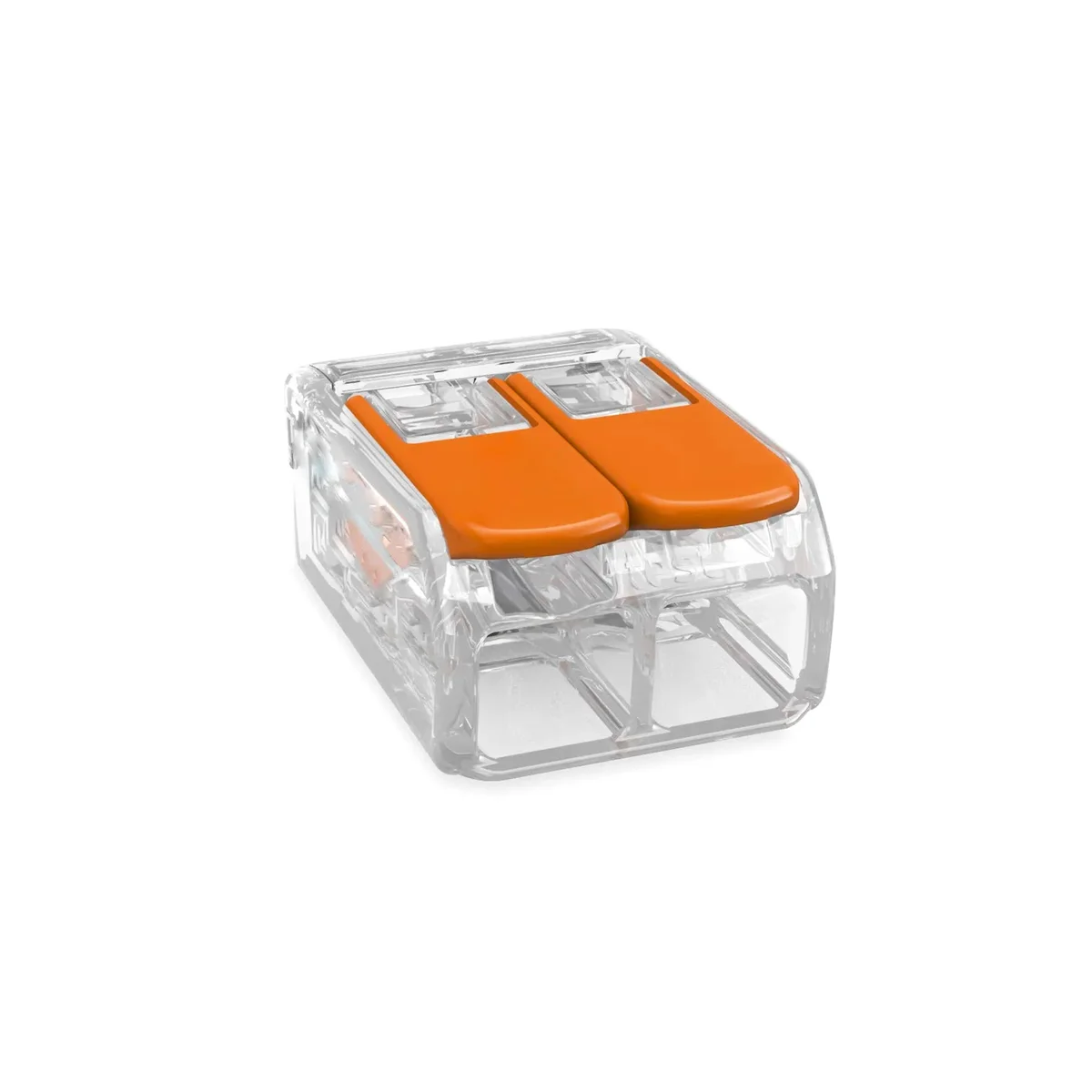 Five 32A 2-way push fit wire connectors with spring levers in a protective case for indoor electrical wiring projects