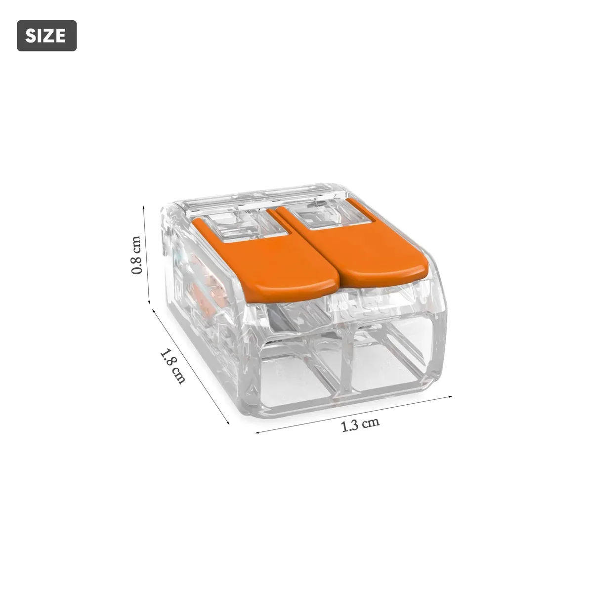 Five 32A wire connectors with blue levers in a protective case for tool-free electrical connections