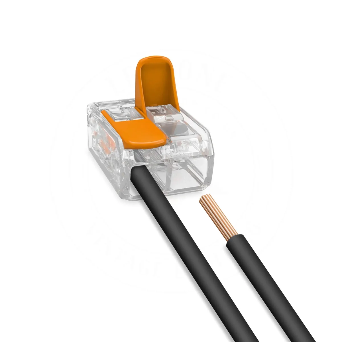 Five 32A spring lever push fit indoor wire connectors in a protective case, designed for solid and stranded wires.