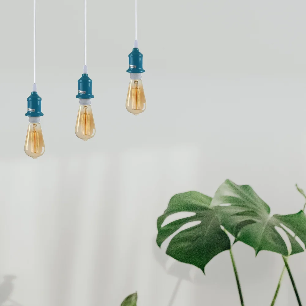 Cyan blue pendant light fitting with round ceiling rose and adjustable cable, vintage metal and PVC design, E27 bulb holder
