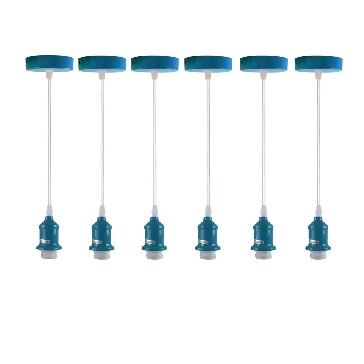 Cyan blue pendant light hanging from ceiling with adjustable cable and round ceiling rose in vintage style