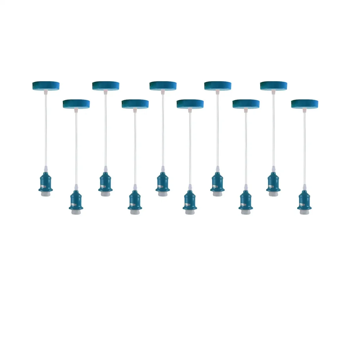 Cyan blue pendant light fitting with round ceiling rose and adjustable cable hanging bulb holder in vintage style