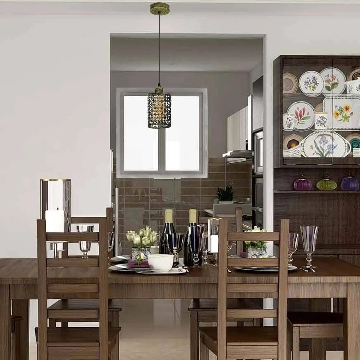 Brushed brass modern cage pendant light with hollow metal shade and 95cm PVC cable hanging from ceiling canopy