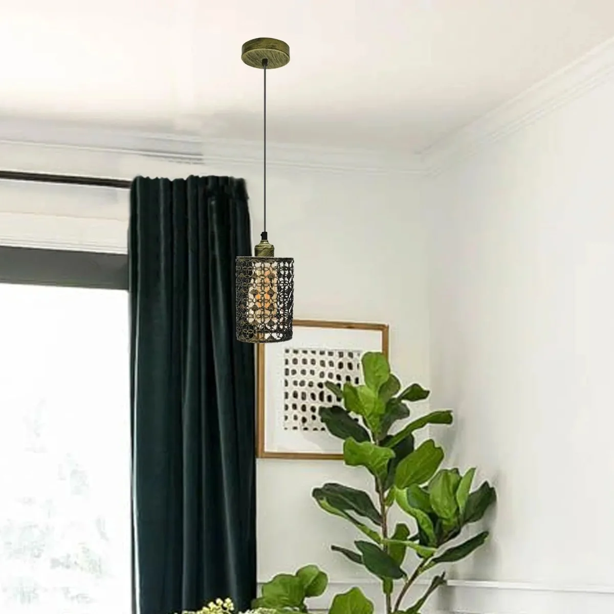 Brushed brass modern cage pendant light with hollow design and E27 pendant lighting, metal shade and ceiling canopy included