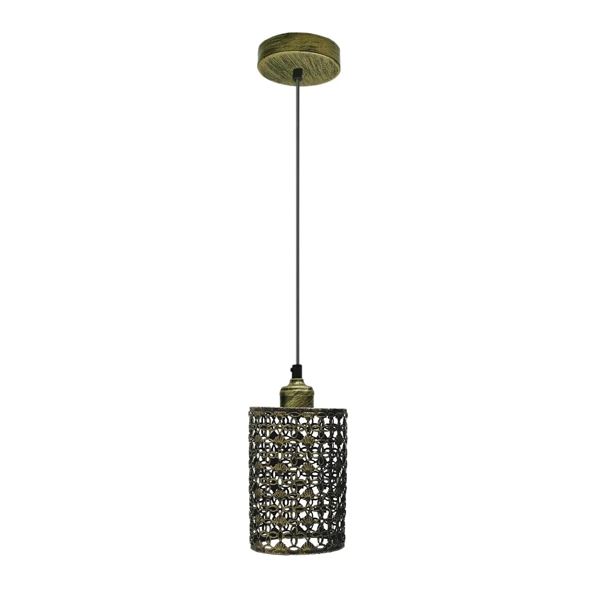 Brushed brass metal cage pendant lamp with hollow modern design, E27 bulb holder, and 95cm PVC cable hanging from ceiling