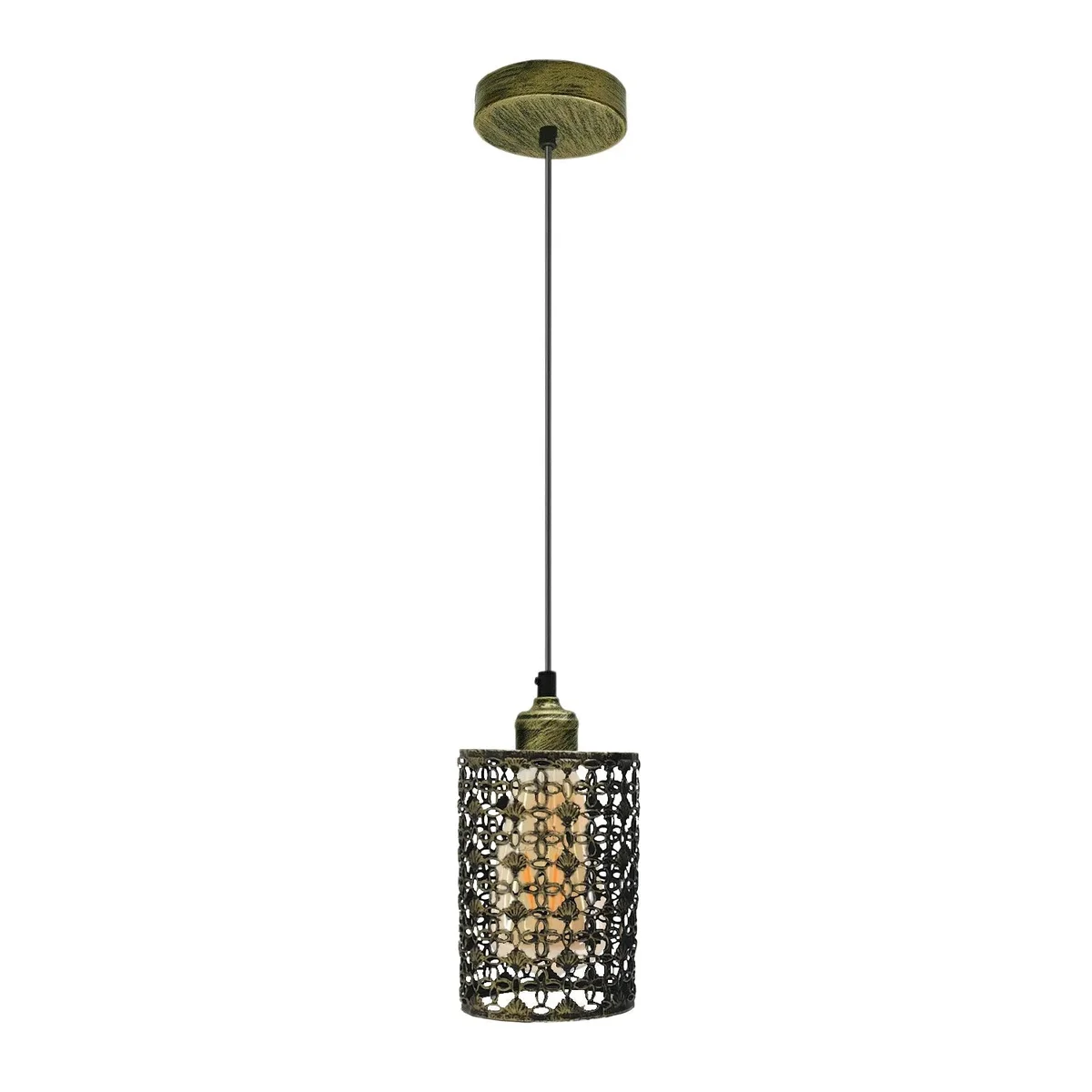 Brushed brass modern cord pendant light with hollow cage design, metal shade, and 95cm PVC cable hanging from ceiling plate