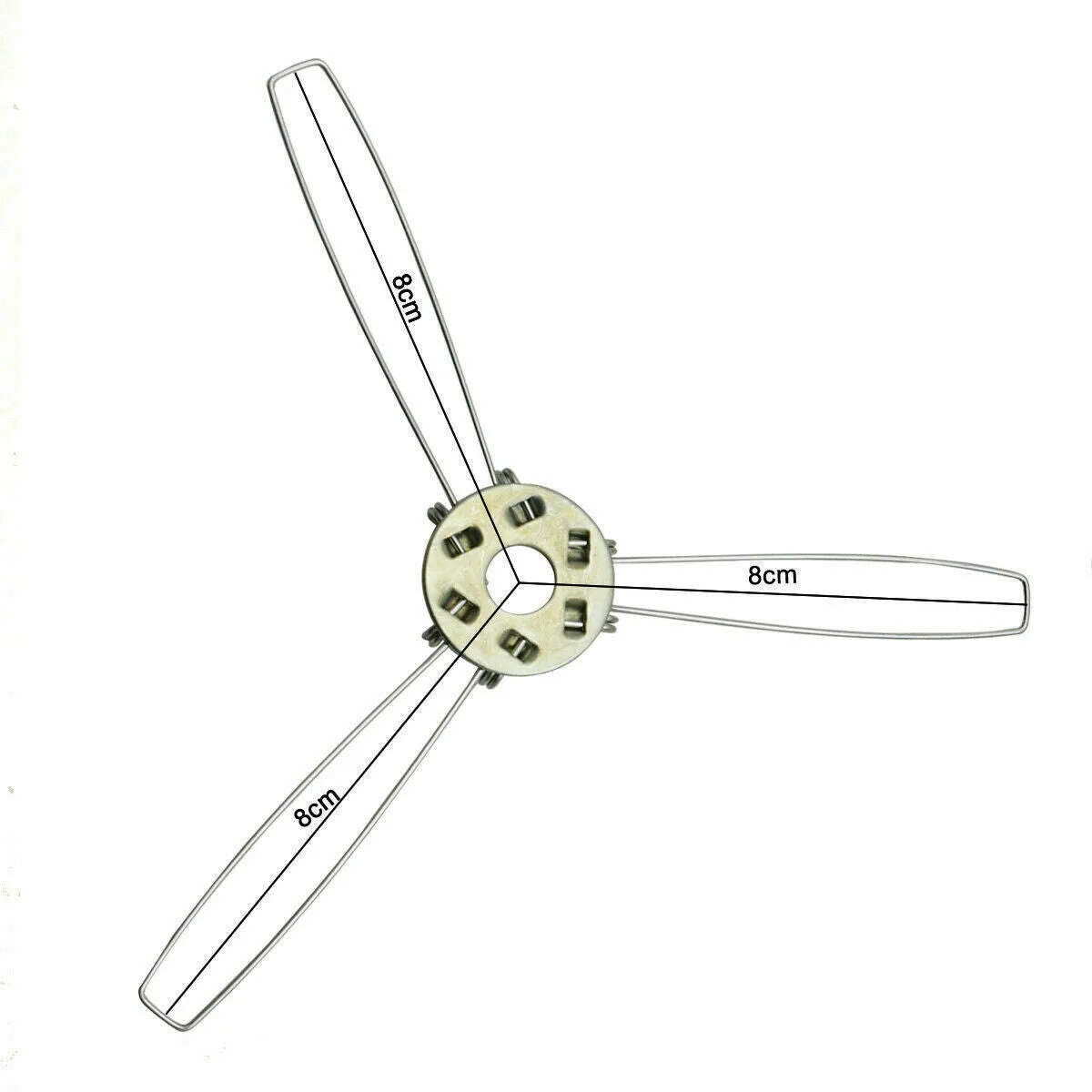 Circular metal lighting accessory clip with three wire arms and central hole for securing lamp shades
